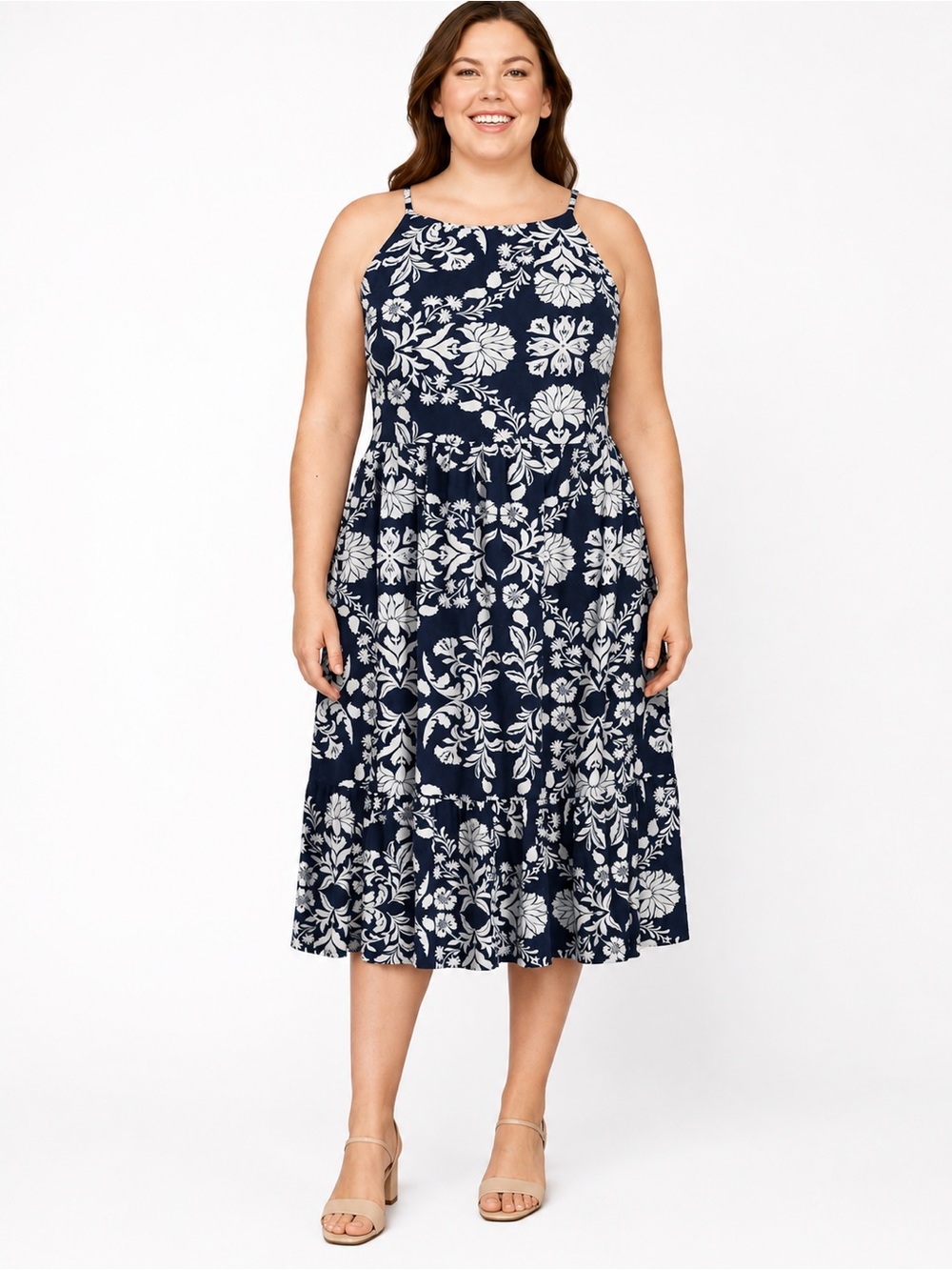NWT Navy Floral Tie Back Midi Dress XL (16–18) Linen Blend